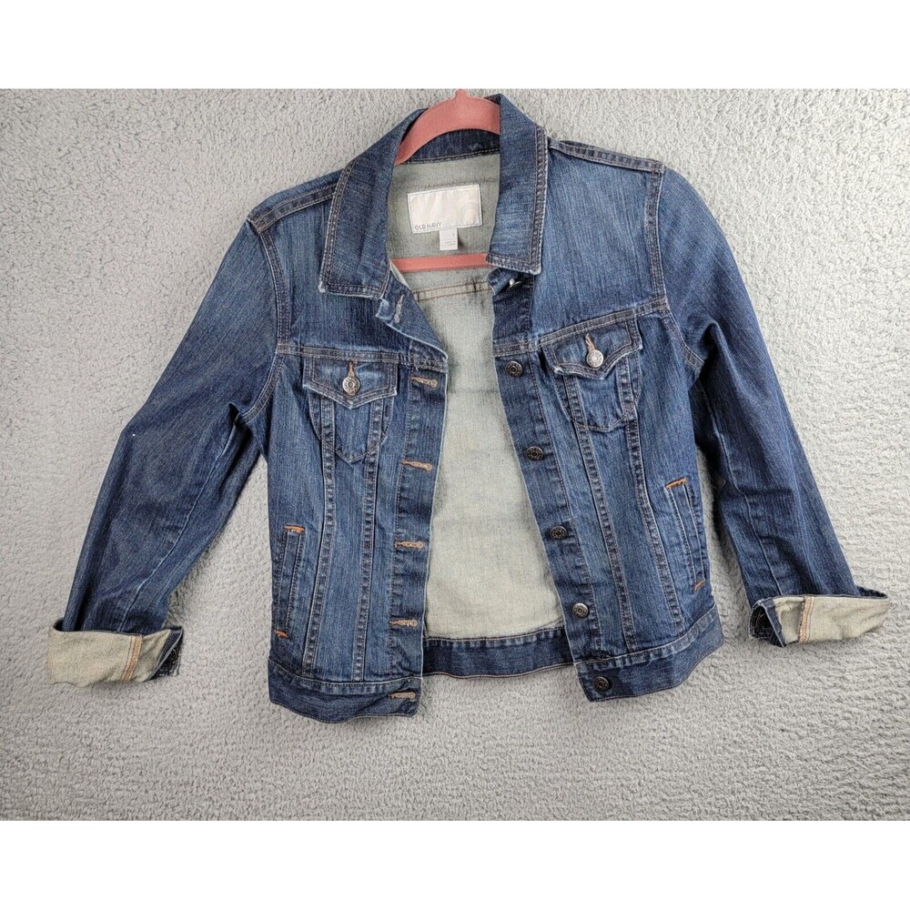 Jean Jacket Womens Small Blue Denim Boyfriend Trucker Dark Wash Casual Pockets